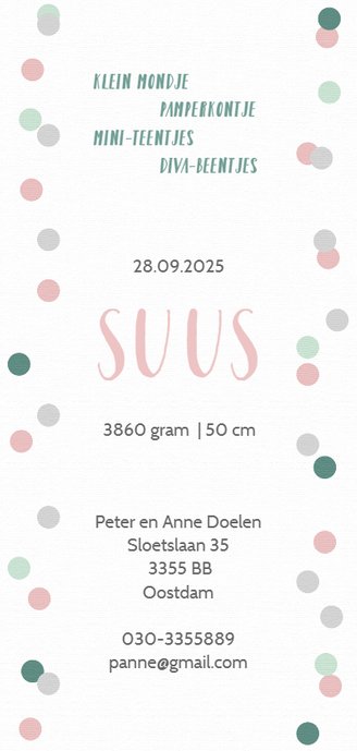 Geboortekaart meisje Suus Achterkant