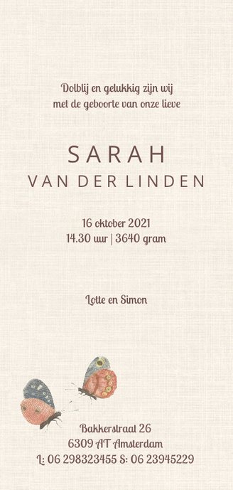 Geboortekaart met vintage afbeelding van vlinder Achterkant