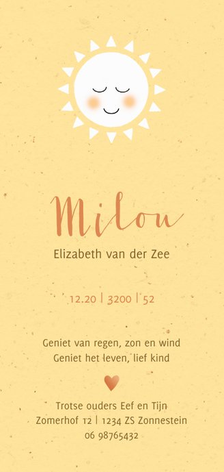 Geboortekaart ons zonnetje ben jij Achterkant