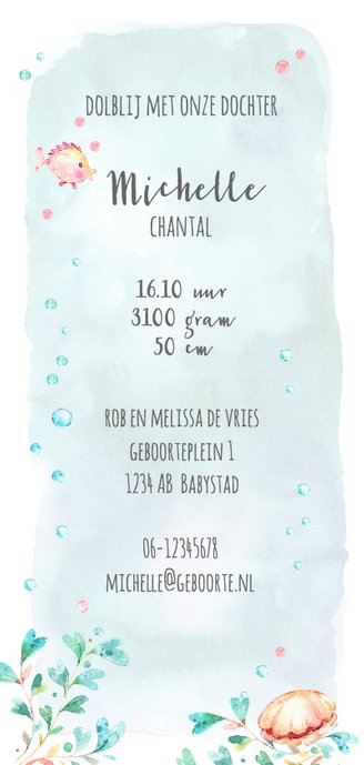 Geboortekaart zeemeermin en vissen Achterkant