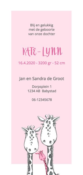Geboortekaart zwart-wit-roze giraffe Achterkant