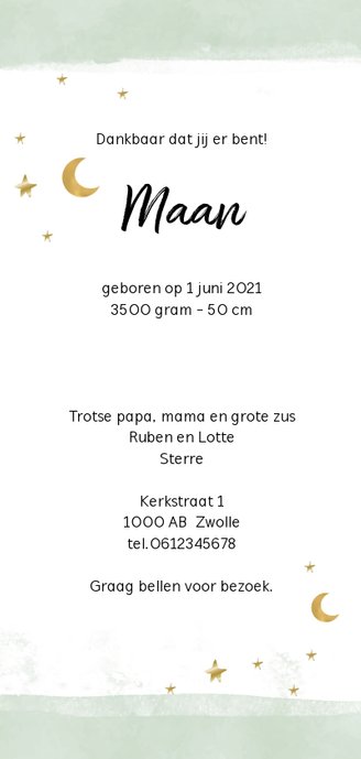 Geboortekaarte mint met maan en sterren Achterkant