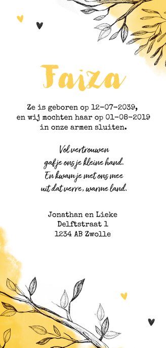 Geboortekaartje adoptie giraf okergeel afrika Achterkant