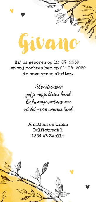 Geboortekaartje adoptie maki dieren jungle unisex Achterkant