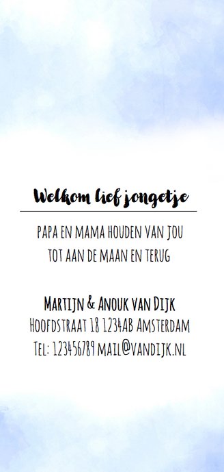 Geboortekaartje aquarel, maan en sterren lichtblauw 2
