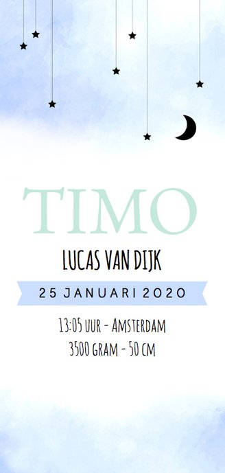 Geboortekaartje aquarel, maan en sterren lichtblauw 3