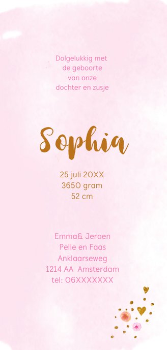 Geboortekaartje aquarel Sophia Achterkant