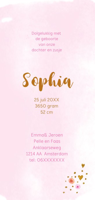 Geboortekaartje aquarel Sophia Achterkant