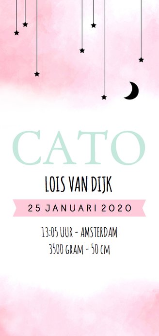 Geboortekaartje aquarel sterren en maan roze 3
