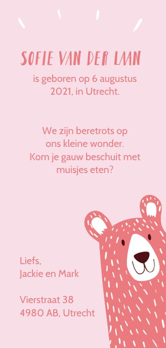 Geboortekaartje Beer meisje Achterkant