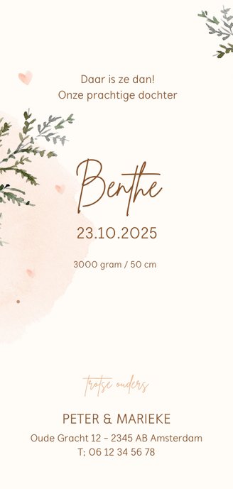 Geboortekaartje beer roze waterverf groene takjes Achterkant