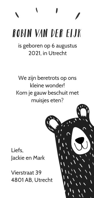 Geboortekaartje Beer zwartwit Achterkant