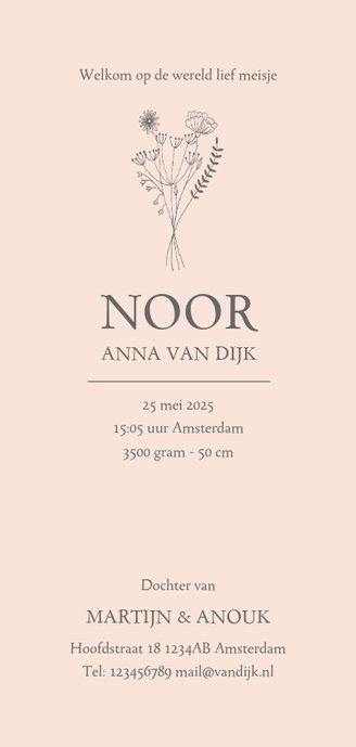 Geboortekaartje bloemen letter meisje Achterkant
