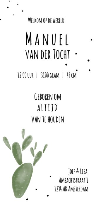 Geboortekaartje Cactus Achterkant