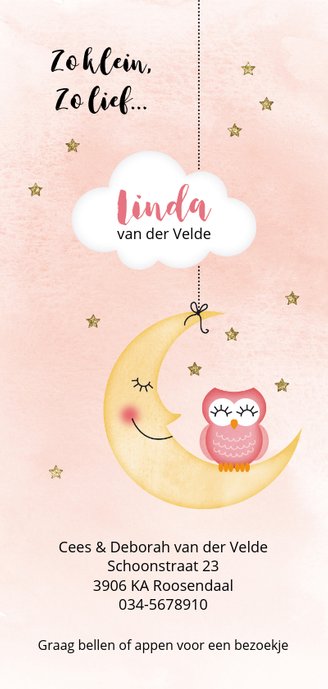 Geboortekaartje dochter uiltje op maantje Achterkant