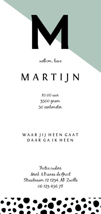 Geboortekaartje geometrisch met letter en stoere confetti Achterkant