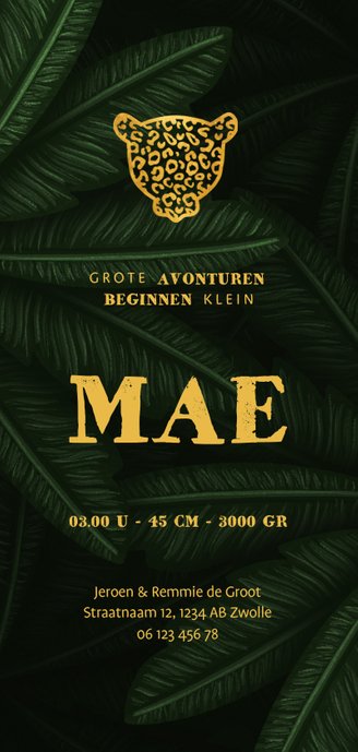 Geboortekaartje gouden panter silhouet met jungle bladeren Achterkant