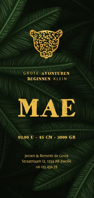 Geboortekaartje gouden panter silhouet met jungle bladeren Achterkant