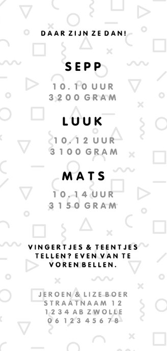 Geboortekaartje grijs hip Memphis patroon en foto's Achterkant
