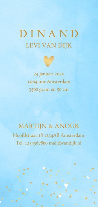Geboortekaartje hartjes waterverf letter blauw 3