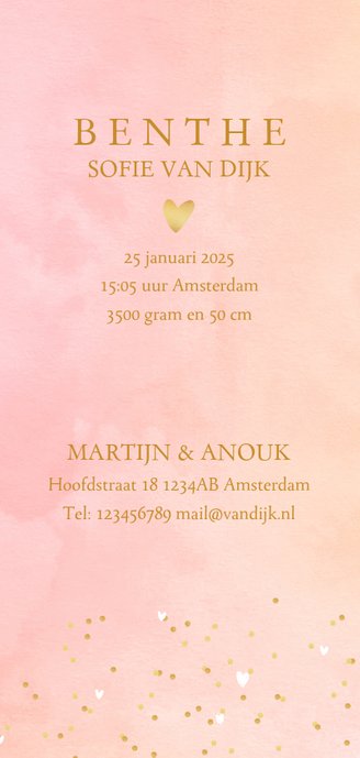Geboortekaartje hartjes waterverf letter roze 3