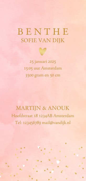 Geboortekaartje hartjes waterverf letter roze 3