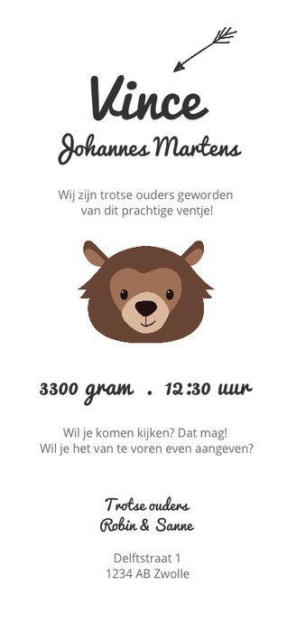 Geboortekaartje hip en stoer met beer Achterkant