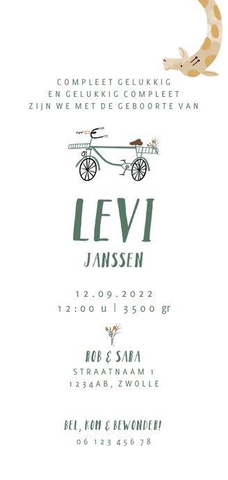 Geboortekaartje hip met giraf op de fiets illustratie Achterkant