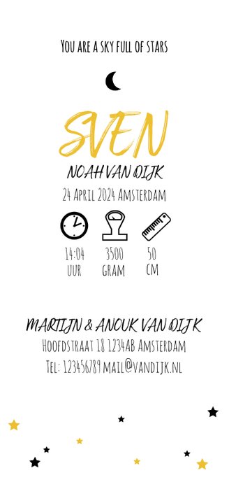 Geboortekaartje hip sterren maan foto Achterkant