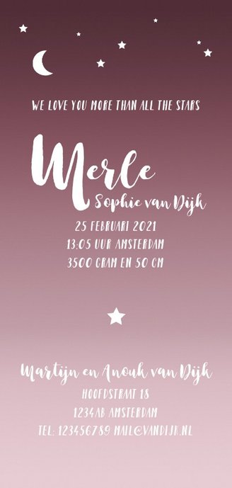Geboortekaartje hip sterren maan roze Achterkant