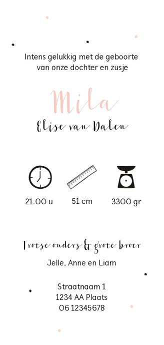 Geboortekaartje illustratie witte vlinder en stipjes Achterkant