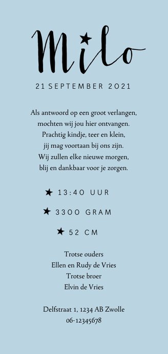 Geboortekaartje jongen hip en trendy met stippen en sterren Achterkant