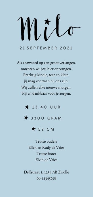 Geboortekaartje jongen hip en trendy met stippen en sterren Achterkant