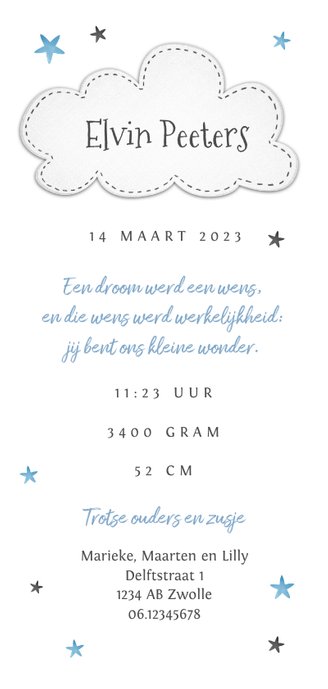 geboortekaartje jongen lief sterretjes wolkje olifantje Achterkant