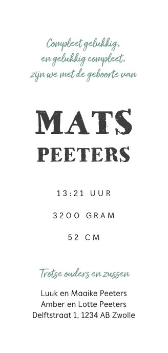 Geboortekaartje jongen met bladeren, veertjes en vogeltje 3
