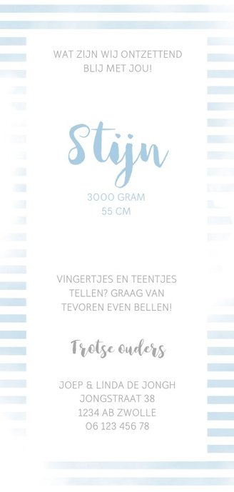 Geboortekaartje jongen met blauwe strepen Achterkant