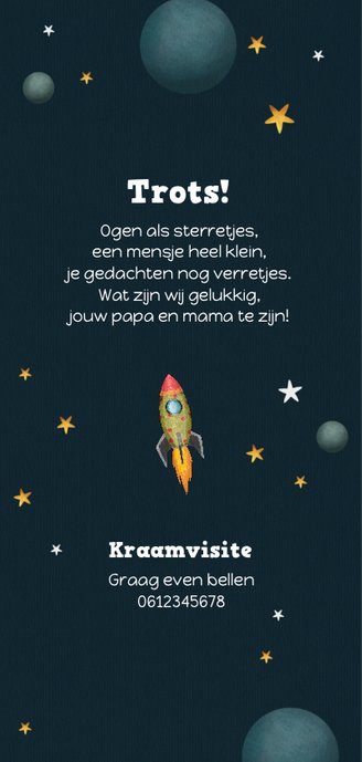Geboortekaartje jongen space thema raket en sterren 2