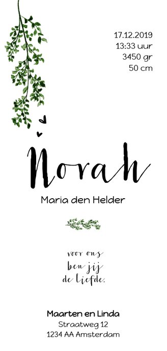Geboortekaartje klassiek botanisch takje Achterkant