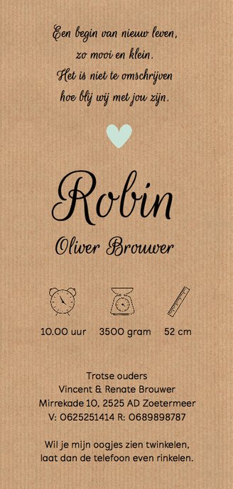 Geboortekaartje kraft hartjes jongen Achterkant