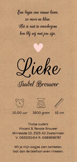 Geboortekaartje kraft hartjes meisje Achterkant