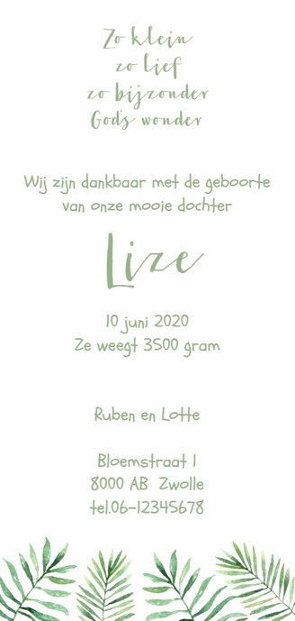 Geboortekaartje lang "Leaf" - WW Achterkant