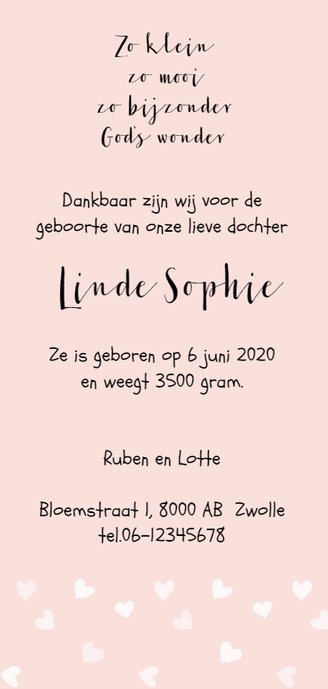 Geboortekaartje lang "roze hartjes" - WW Achterkant