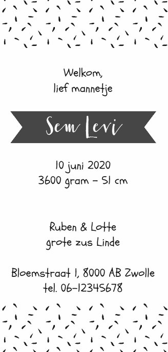 Geboortekaartje lang Zwartwit label - WW Achterkant