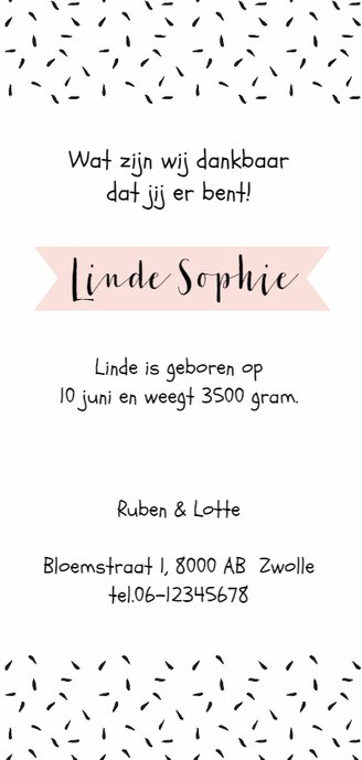 Geboortekaartje lang zwartwit roze label - WW Achterkant