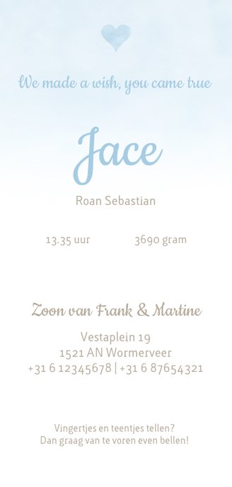 Geboortekaartje langwerpig blauw waterverf gouden hartje Achterkant