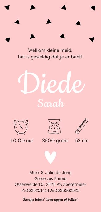 Geboortekaartje langwerpig geometrisch roze dubbel 3