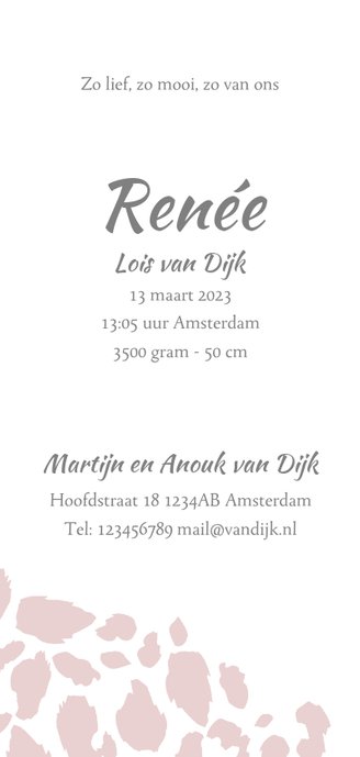 Geboortekaartje langwerpig panterprint roze Achterkant