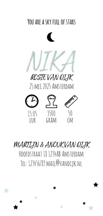 Geboortekaartje langwerpig sterren maan foto Achterkant