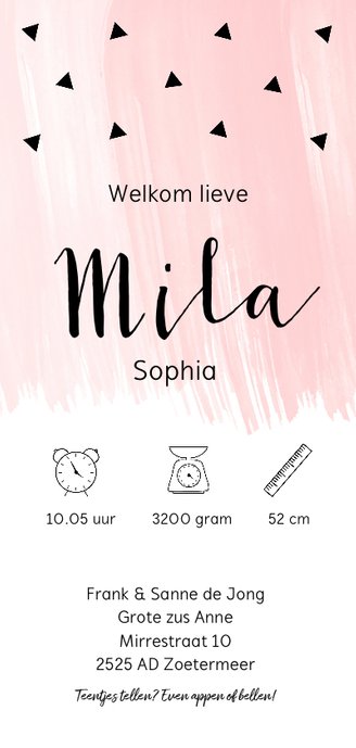 Geboortekaartje langwerpig waterverf roze driehoekjes Achterkant
