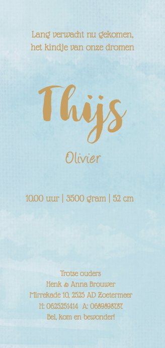 Geboortekaartje langwerpig wolkje blauw jongen 3